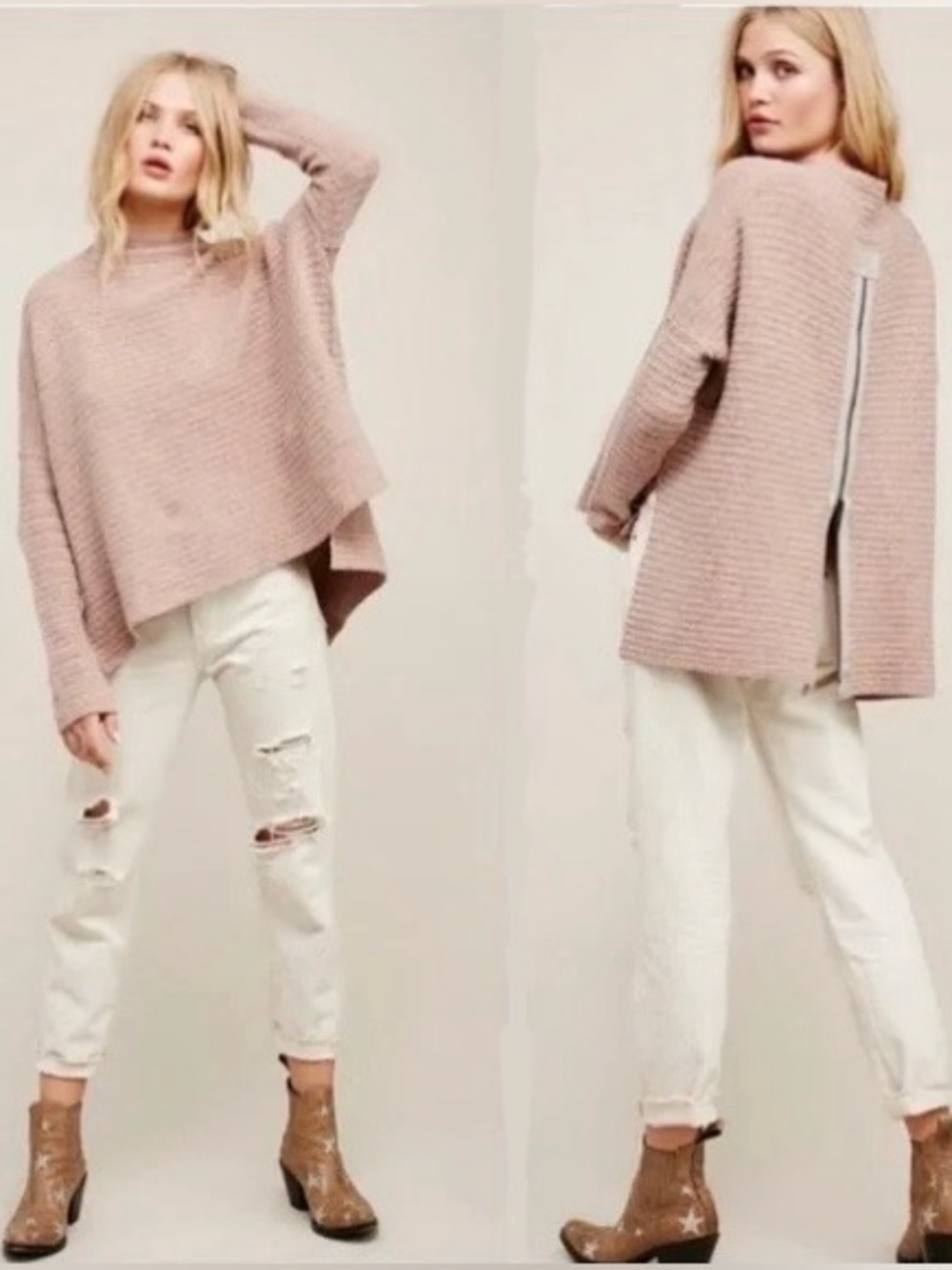 Free People Pink/'Arctic Fox' Back Zip Funnel Neck Swing Sweater in Size Small